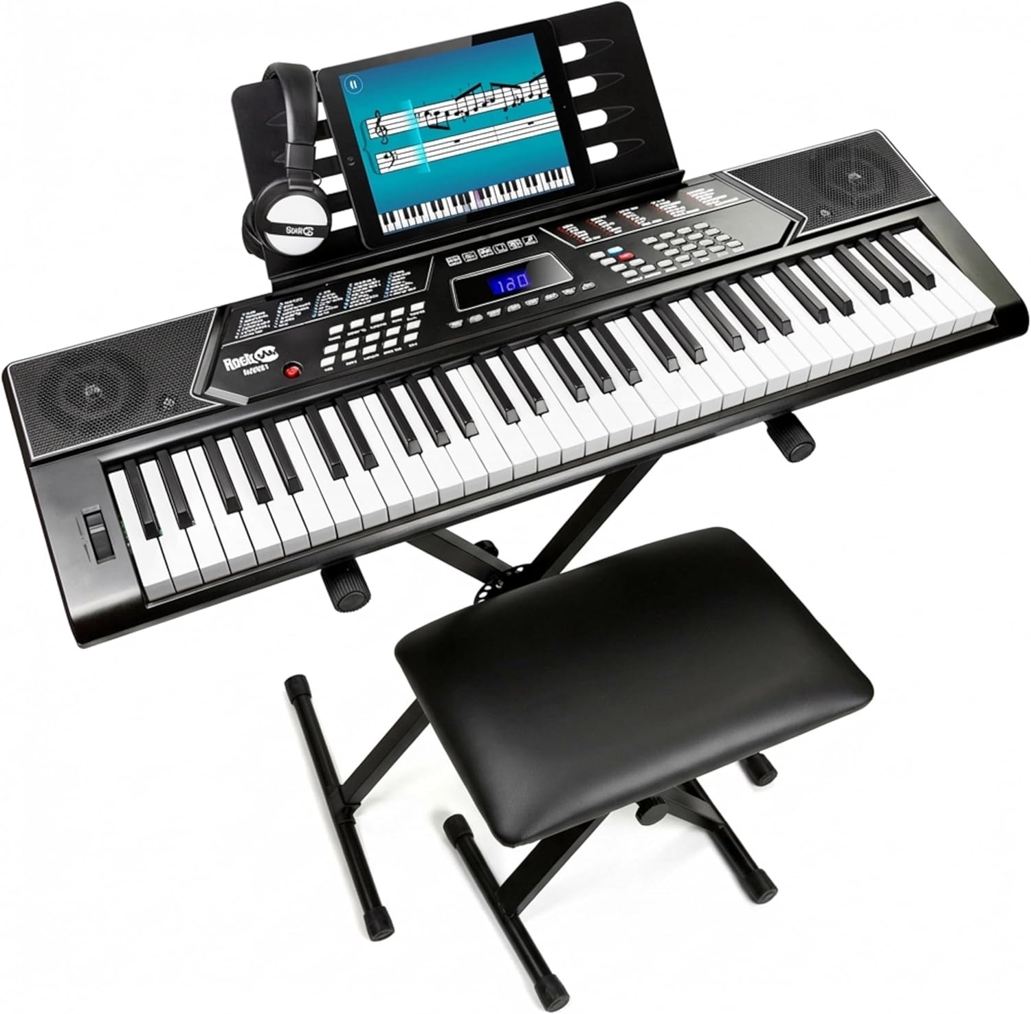 RockJam RJ5061 61-key keyboard piano on its X-stand with the padded bench, headphones and music rest